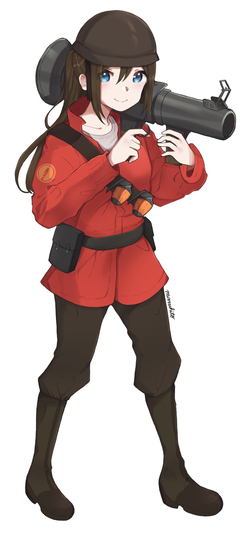 1girl absurdres artist_name belt_pouch black_boots black_hat black_helmet black_pants blue_eyes boots brown_hair closed_mouth collarbone collared_shirt commentary commission cosplay explosive finger_on_trigger grenade grey_shirt hair_between_eyes half_updo hat helmet highres hito_(maruhito) knee_boots long_hair long_neck long_sleeves looking_at_viewer love_live! love_live!_nijigasaki_high_school_idol_club osaka_shizuku pants pouch red_shirt rocket_launcher sash shirt shoulder_sash sidelocks signature simple_background smile soldier_(tf2) soldier_(tf2)_(cosplay) solo split_mouth standing tachi-e team_fortress_2 weapon white_background