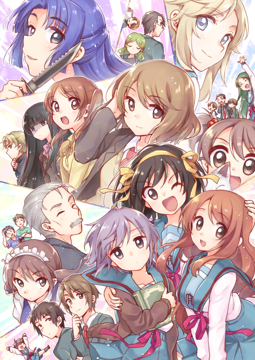 6+boys 6+girls :d ;d ^_^ absurdres ahoge animal arakawa_(suzumiya_haruhi) arm_up arms_up asahina_mikuru asakura_ryoko black_cardigan black_eyes black_hair black_jacket black_suit blazer blonde_hair blood blood_on_clothes blue_eyes blue_hair blue_sailor_collar blue_shirt blue_skirt blunt_bangs blush book bow bowtie breasts brown_eyes brown_hair brown_jacket cardigan cat closed_eyes closed_mouth collarbone collared_shirt commentary_request computer_club_president_(suzumiya_haruhi) crossed_arms expressionless facial_hair facing_viewer folder formal_clothes fujiwara_(suzumiya_haruhi) glasses green_hair green_jacket green_shirt grey_hair hair_bobbles hair_ornament hair_ribbon hairband hand_in_own_hair hand_on_another&#039;s_shoulder hand_on_own_head hand_to_own_mouth happy highres holding holding_book holding_folder holding_knife holding_paper holding_weapon huge_filesize jacket jumping kimidori_emiri kita_high_school_uniform knife koizumi_itsuki kouyouen_academy_school_uniform kunikida_(suzumiya_haruhi) kyon kyon_no_imouto light_brown_hair long_hair long_sleeves looking_at_viewer looking_back maid maid_headdress mori_sonou multiple_boys multiple_girls mustache nagato_yuki necktie one_eye_closed open_clothes open_jacket open_mouth outstretched_arms paper parted_bangs parted_lips purple_bow purple_eyes purple_hair purple_neckwear red_neckwear red_ribbon ribbon sailor_collar sakanaka_yoshimi sasaki_(suzumiya_haruhi) school_uniform serafuku shamisen_(suzumiya_haruhi) shirt short_hair short_sleeves side_ponytail skirt smile student_council_president_(suzumiya_haruhi) suit suou_kuyou suzumiya_haruhi suzumiya_haruhi_no_yuuutsu sweater t_(suzumiya_haruhi) tachibana_kyouko_(suzumiya_haruhi) taiki_(6240taiki) tamaru_keiichi tamaru_yutaka taniguchi_(suzumiya_haruhi) tsuruya twintails watahashi_yasumi weapon white_shirt yawning yellow_hairband yellow_ribbon yellow_sweater