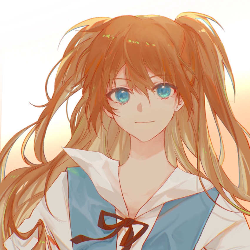 1girl blue_eyes blue_vest brown_hair chinese_commentary chromatic_aberration closed_mouth commentary_request hair_between_eyes highres hotaru_gugugu long_hair looking_at_viewer neck_ribbon neon_genesis_evangelion portrait red_ribbon ribbon sailor_collar shirt smile solo souryuu_asuka_langley vest white_sailor_collar white_shirt