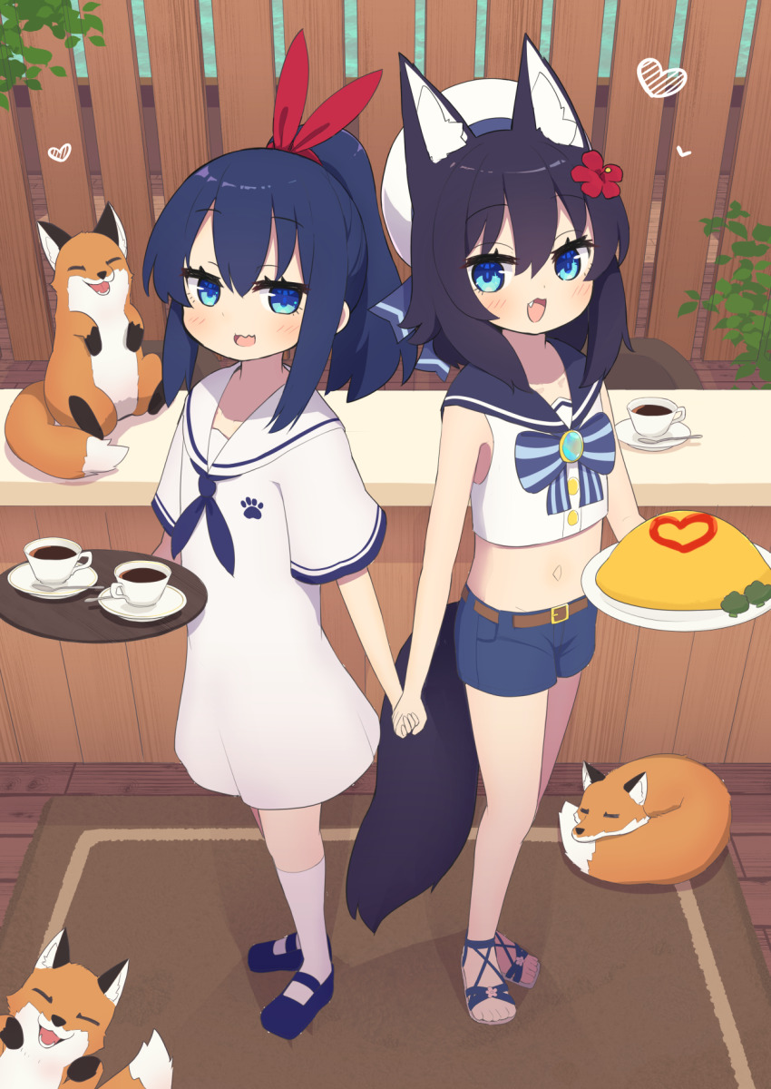 2girls :d animal animal_ears bare_arms belt belt_buckle beret black_hair black_sailor_collar blue_eyes blue_hair blue_neckerchief blue_sandals blue_shoes blue_shorts blush bow brooch brown_belt buckle crop_top cup dress fang flower fox fox_ears fox_girl fox_tail hair_between_eyes hair_flower hair_ornament hair_ribbon hat heart highres holding holding_hands holding_plate holding_tray jewelry long_hair looking_at_viewer midriff multiple_girls navel neckerchief open_mouth original plate ponytail red_flower red_ribbon ribbon sailor_collar sailor_dress saisoku_no_yukkuri sandals saucer shirt shoes short_shorts short_sleeves shorts sleeveless sleeveless_shirt smile socks spoon striped_bow tail tray white_dress white_hat white_sailor_collar white_shirt white_socks