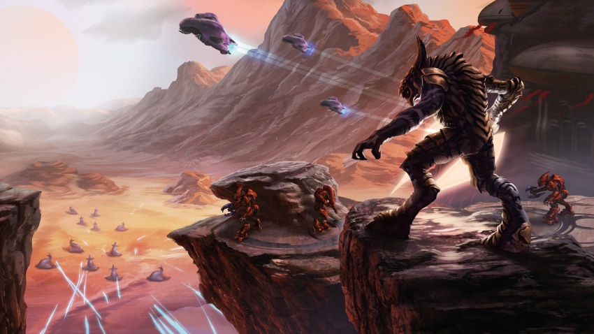 4others armor battle energy_gun halo_(series) halo_mythos highres isaac_hannaford mountainous_horizon multiple_others official_art perspective phantom_(halo) plasma_rifle projectile_trail sangheili weapon wraith_(halo)