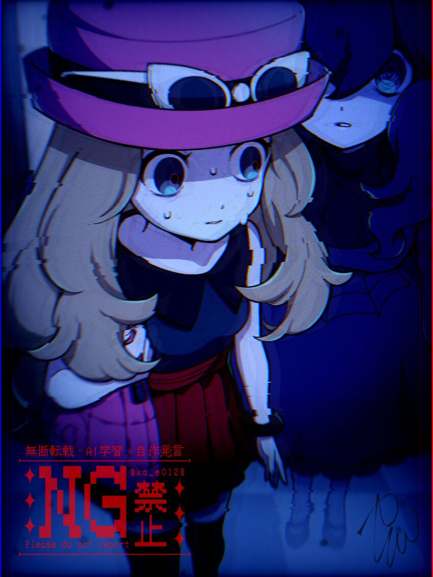 2girls bag black_hair bracelet chromatic_aberration collared_shirt commentary_request dress eyewear_on_headwear hana_e_(ka_e0128) hat hex_maniac_(pokemon) hex_maniac_(pokemon_xy) highres jewelry long_hair multiple_girls nintendo pleated_skirt pokemon pokemon_xy purple_hat red_skirt scared serena_(pokemon) shirt shoes signature skirt standing sunglasses sweat thighhighs twitter_username watermark