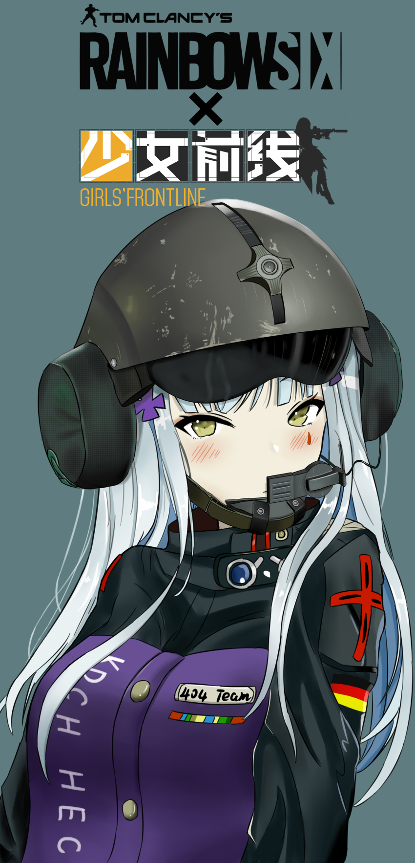 1girl absurdres chin_strap copyright_name german_flag girls&#039;_frontline green_eyes grey_hair headpiece helmet highres hk416_(girls&#039;_frontline) jacket long_hair looking_at_viewer rainbow_six_siege simple_background solo teardrop_facial_mark upper_body zijing_sang
