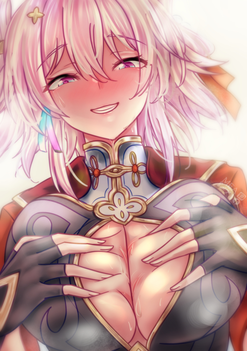 1girl absurdres black_gloves blush breasts chinese_clothes cleavage deep_skin eyebrows_hidden_by_hair full-face_blush gloves hair_between_eyes hand_on_own_chest heart heart-shaped_pupils highres honkai:_star_rail honkai_(series) large_breasts lips looking_at_viewer march_7th_(honkai:_star_rail) march_7th_(hunt)_(honkai:_star_rail) mea_(manami030) naughty_face open_mouth paizuri_invitation pink_hair simple_background solo spread_cleavage sweat symbol-shaped_pupils teeth white_background