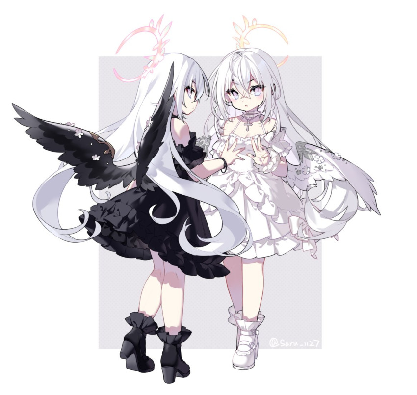 2girls angel angel_wings asymmetrical_clothes azusa_(blue_archive) black_dress black_footwear black_socks black_wings blue_archive dress duplicate feathered_wings feathers full_body grey_eyes halo high_heels long_hair multiple_girls pixel-perfect_duplicate saru shoes socks white_dress white_footwear white_hair white_socks white_wings wings