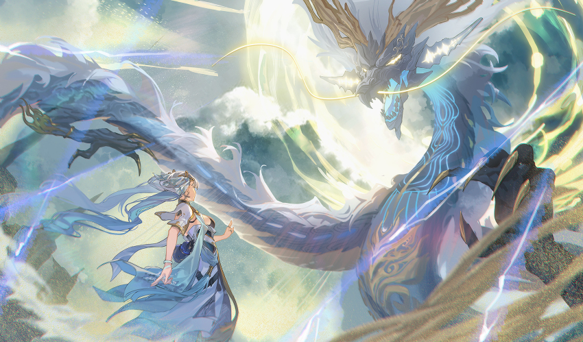 1girl bow breasts chinese_commentary chromatic_aberration coat commentary_request dragon earrings eastern_dragon faceoff hair_bow highres jewelry jinhsi_(wuthering_waves) jue_(wuthering_waves) kuji-in kumo_ryuun long_hair medium_breasts pangu_terminal_(wuthering_waves) tacet_mark_(wuthering_waves) very_long_hair white_bow white_coat white_hair wide_shot wuthering_waves