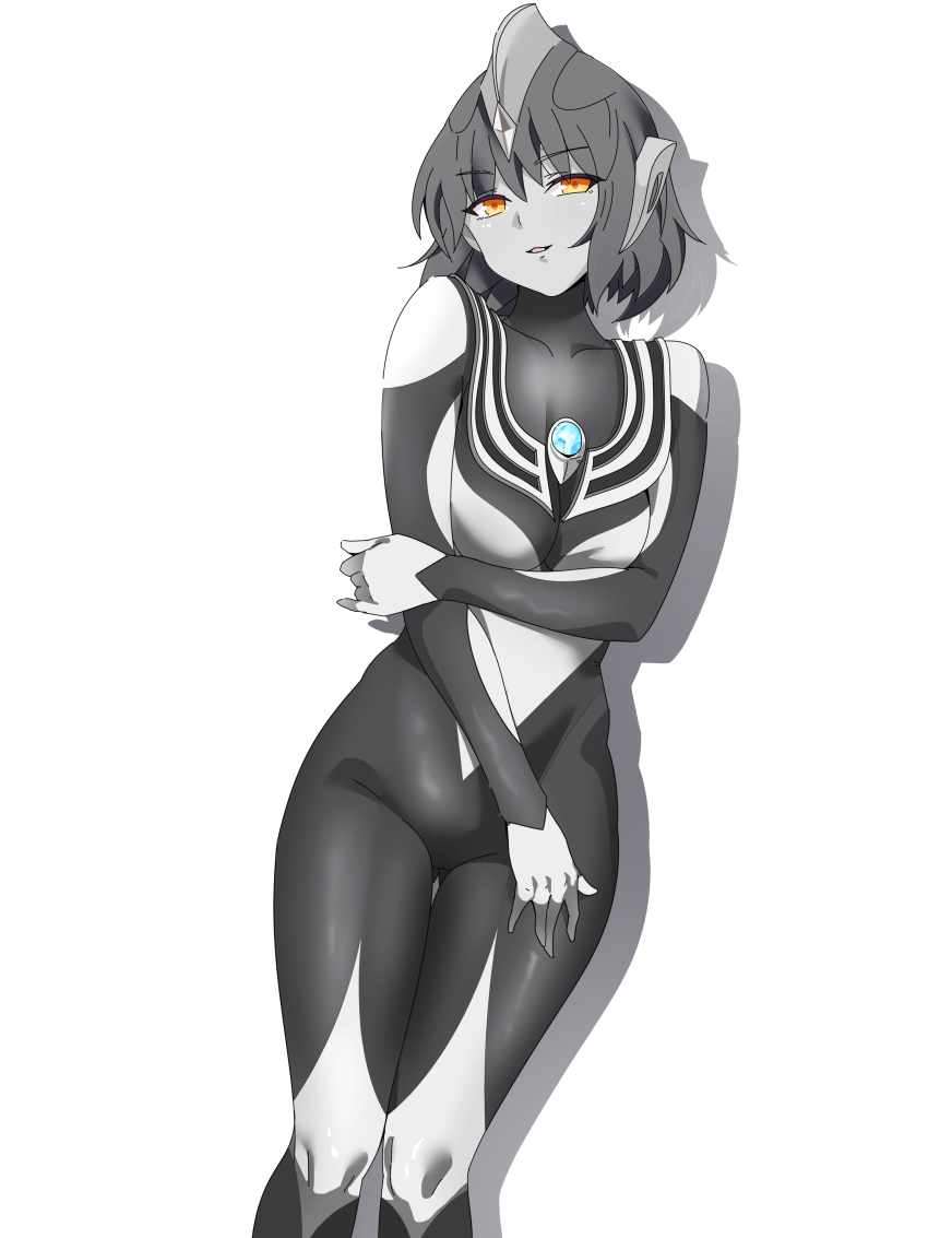 1girl absurdres armor black_bodysuit black_hair bob_cut bodysuit breastplate breasts chinese_commentary collarbone color_timer colored_skin commentary contrapposto cowboy_shot crystal dark_persona dorsal_fin drop_shadow evil_smile forehead_jewel furrowed_brow genderswap genderswap_(mtf) grey_skin hair_between_eyes hand_on_own_arm hand_on_own_thigh headgear highres humanization knees_together_feet_apart looking_at_viewer multicolored_bodysuit orange_eyes parted_lips short_hair simple_background small_breasts smile solo standing tokusatsu ultra_series ultraman_tiga ultraman_tiga:_the_final_odyssey ultraman_tiga_(series) ultraman_tiga_(tiga_dark) white_background yi_(user_jwth4284)