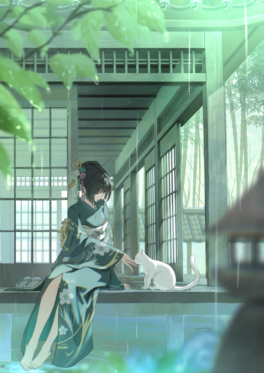 1girl architecture bamboo barefoot black_hair blurry blurry_foreground cat cherry_blossom_print commentary_request earrings east_asian_architecture floral_print floral_print_kimono flower green_eyes green_flower green_kimono green_theme hair_flower hair_ornament hair_stick highres japanese_clothes jewelry kimono looking_at_animal obi obijime oiro_ik original outdoors print_kimono purple_flower rain sandals sash sitting solo unworn_sandals white_flower white_sash zouri