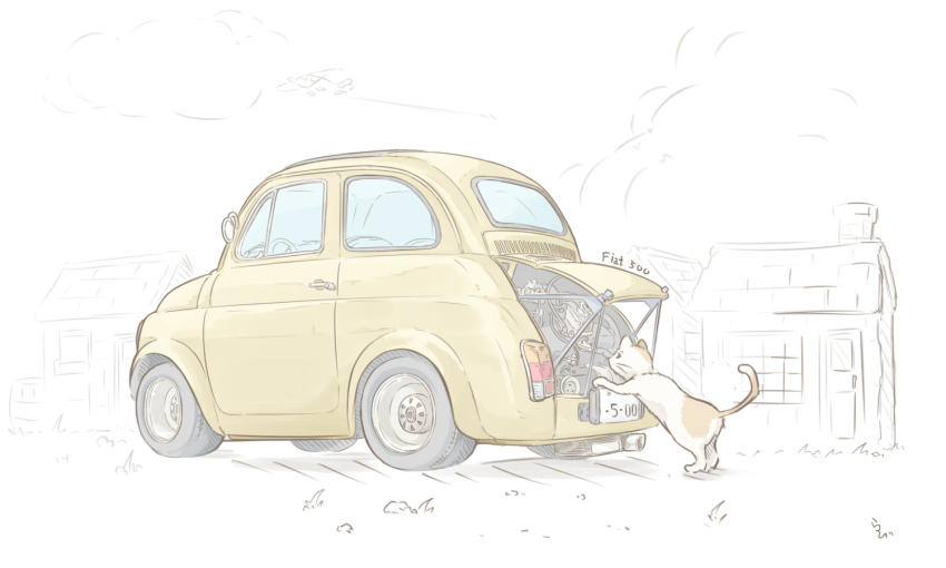 aircraft airplane animal animal_ears artist_name car cat cat_ears cat_tail chimney cloud door engine exhaust exhaust_pipe fiat fiat_500 house license_plate motor_vehicle no_humans original rabienu seat side-view_mirror signature steering_wheel tail unused_tire vehicle_focus window