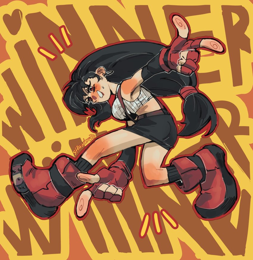 1girl absurdres artist_name bare_shoulders belt black_hair black_skirt black_sleeves black_socks blush boots breasts commentary crop_top detached_sleeves double_finger_gun earrings english_commentary final_fantasy final_fantasy_vii finger_gun fingerless_gloves fingerprint from_side full_body gloves highres jewelry large_breasts long_hair looking_at_viewer low-tied_long_hair miniskirt parody pencil_skirt red_boots red_eyes red_gloves ribbed_shirt shirt single_earring skirt smile socks solo sonic_(series) sonic_adventure sonic_adventure_pose strawderryst suspender_skirt suspenders sweatdrop tank_top tifa_lockhart white_tank_top