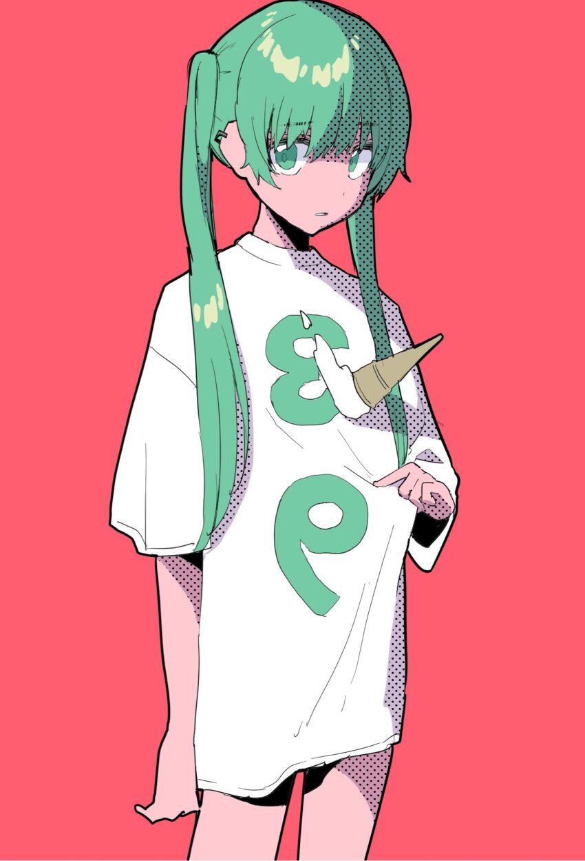 1girl 39 arm_at_side commentary cowboy_shot dot_nose ear_piercing food food_on_clothes ftktan green_eyes green_hair hatsune_miku highres ice_cream ice_cream_cone ice_cream_cone_spill limited_palette long_shirt looking_at_viewer original parted_lips piercing red_background screentones shirt shirt_tug simple_background solo symbol-only_commentary t-shirt twintails vocaloid white_shirt
