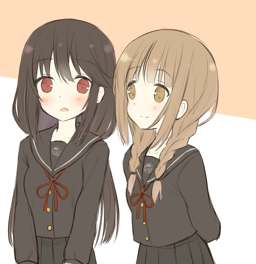 2girls black_hair black_shirt black_skirt blush brown_eyes brown_hair date_a_live date_a_live:_date_a_bullet highres ichiyo12 multiple_girls open_mouth red_eyes school_uniform shirt skirt smile tokisaki_kurumi two-tone_background white_background yamauchi_sawa_(date_a_live)