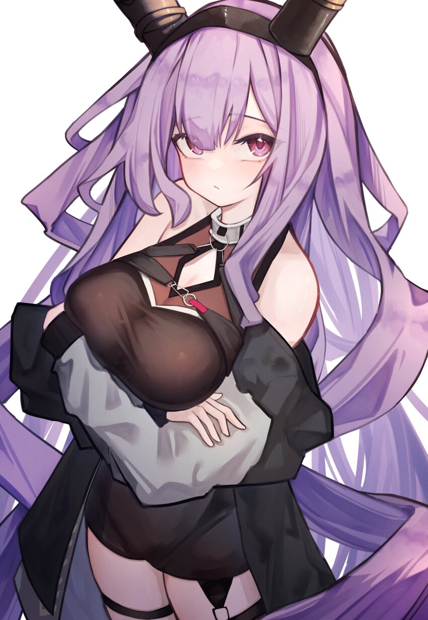 1girl absurdres arknights arms_under_breasts bare_shoulders black_coat breasts brown_dress brown_hairband brown_horns cleavage cleavage_cutout closed_mouth clothing_cutout coat commentary cowboy_shot crossed_arms dress eyes_visible_through_hair grey_sleeves hair_between_eyes hairband highres horns large_breasts long_hair long_sleeves looking_at_viewer off_shoulder open_clothes open_coat purple_eyes purple_hair simple_background solo standing thigh_strap typhon_(arknights) very_long_hair white_background worimehl