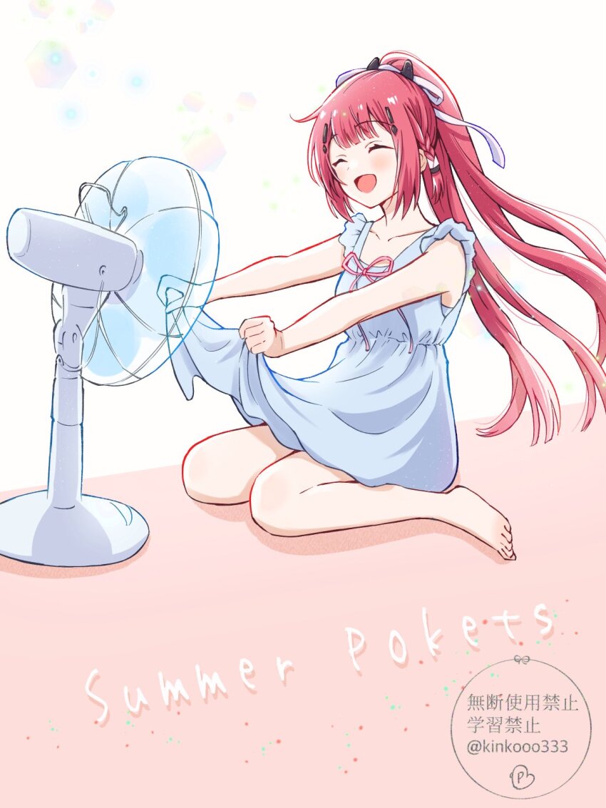 1girl :d ^_^ alternate_costume bare_arms barefoot blue_dress blunt_bangs blush braid closed_eyes collarbone commentary_request copyright_name dress electric_fan fanning_self floating_hair from_side full_body hair_ornament hair_ribbon hairclip happy hat highres kamiyama_shiki long_hair open_mouth pink_background piyo_(kinkooo333) ponytail red_hair ribbon sailor_hat side_braid simple_background sitting sleeveless sleeveless_dress smile solo summer_pockets twitter_username two-tone_background very_long_hair wariza white_background white_ribbon wind