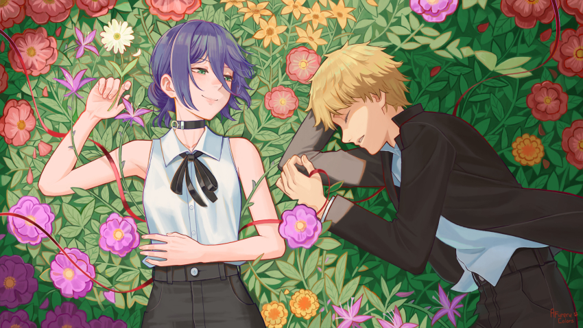 1boy 1girl absurdres afureru_colors black_choker black_pants black_shorts blonde_hair chainsaw_man choker closed_eyes collared_shirt denji_(chainsaw_man) flower gakuran green_eyes hair_between_eyes hair_bun highres lying on_back on_side pants purple_hair red_flower reze_(chainsaw_man) school_uniform shirt shorts sleeveless sleeveless_shirt white_flower white_shirt yellow_flower