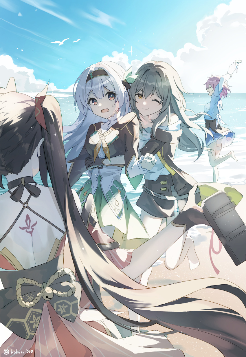 4girls absurdres back_tattoo backless_kimono beach black_coat black_gloves black_hair black_skirt closed_mouth coat commentary day english_commentary firefly_(honkai:_star_rail) gloves grey_hair highres honkai:_star_rail honkai_(series) hug hug_from_behind japanese_clothes k2_(kazu1030) kimono long_hair looking_at_another looking_at_viewer march_7th_(honkai:_star_rail) march_7th_(preservation)_(honkai:_star_rail) multiple_girls neckerchief obi one_eye_closed open_clothes open_coat open_mouth outdoors pink_hair purple_eyes red_kimono sash shirt skirt smile sparkle_(honkai:_star_rail) stelle_(honkai:_star_rail) tattoo trailblazer_(honkai:_star_rail) twintails twitter_username water white_shirt yellow_eyes yellow_neckerchief