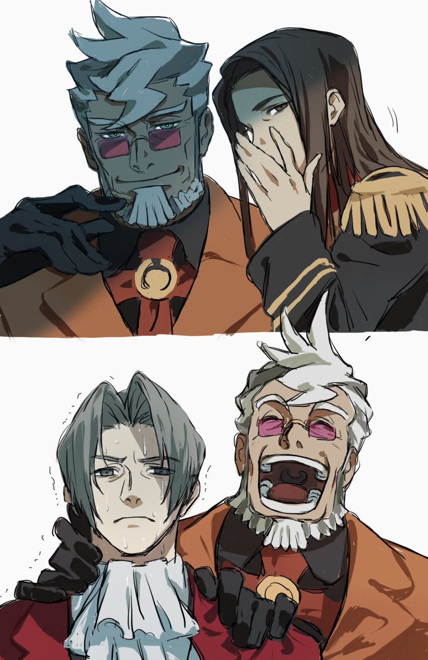 1girl 2boys ace_attorney ascot beard black_gloves bright_pupils brown_hair closed_eyes closed_mouth coat commentary covering_own_mouth curtained_hair damon_gant english_commentary epaulettes evil_eyes evil_smile facial_hair formal_clothes frown gloves green_eyes grey_eyes grey_hair hand_on_another&#039;s_shoulder highres jacket lana_skye laughing long_hair long_sleeves looking_at_viewer miles_edgeworth military_uniform multiple_boys nervous_sweating old old_man open_mouth orange_coat orange_suit phoenix_wright:_ace_attorney pink-tinted_eyewear red_jacket scared shade short_hair simple_background smile sotenborii sweat teeth thick_eyebrows tinted_eyewear tongue trembling two-tone_beard upper_body uvula whispering whispering_in_ear white_ascot white_background white_hair white_pupils