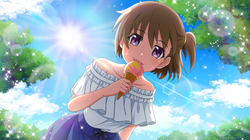 1girl :p akasaka_miyuki arm_at_side blue_skirt brown_hair collarbone cowboy_shot day food from_below game_cg highres higurashi_no_naku_koro_ni higurashi_no_naku_koro_ni_mei holding holding_ice_cream_cone ice_cream ice_cream_cone leaning_forward lens_flare licking_food light_rays looking_at_viewer non-web_source off-shoulder_shirt off_shoulder official_art one_side_up purple_eyes shirt short_hair skirt solo sparkle summer sun sunbeam sunlight sweat tongue tongue_out tree white_shirt