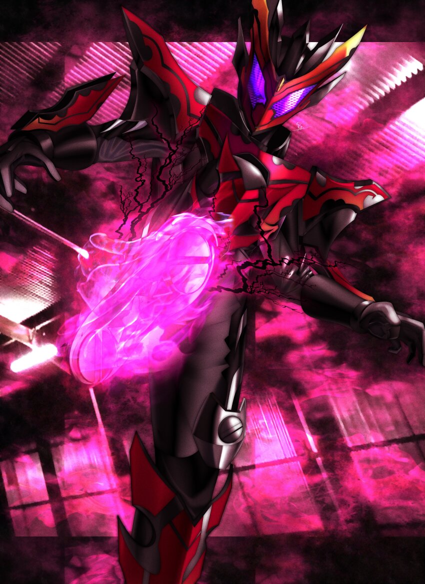 1boy absurdres alternate_costume armor aura black_bodysuit bodysuit dark_aura finishing_move full_body gloves glowing glowing_eyes helmet highres kamen_rider kamen_rider_bitter_gavv kamen_rider_gavv_(series) kicking looking_at_viewer male_focus mask official_alternate_costume purple_eyes red_armor reiei_8 rider_kick solo tokusatsu