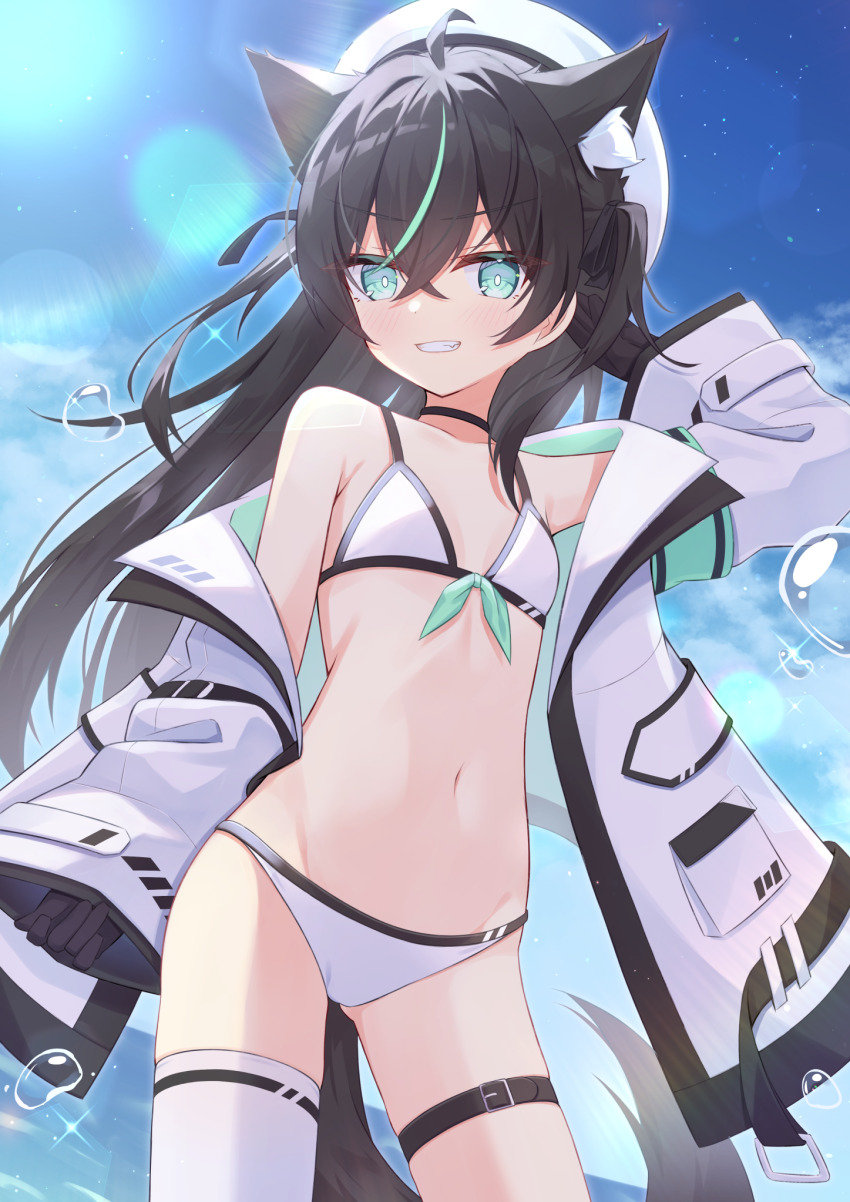 1girl animal_ears bare_shoulders bikini bikini_day black_gloves black_hair commentary_request day flat_chest gloves green_eyes green_hair hat highres jacket kunokaya long_hair long_sleeves looking_at_viewer multicolored_hair navel off_shoulder open_clothes open_jacket original outdoors petite sky smile solo standing stomach swimsuit tail teeth thigh_strap thighhighs thighs very_long_hair white_bikini white_hat white_jacket white_thighhighs