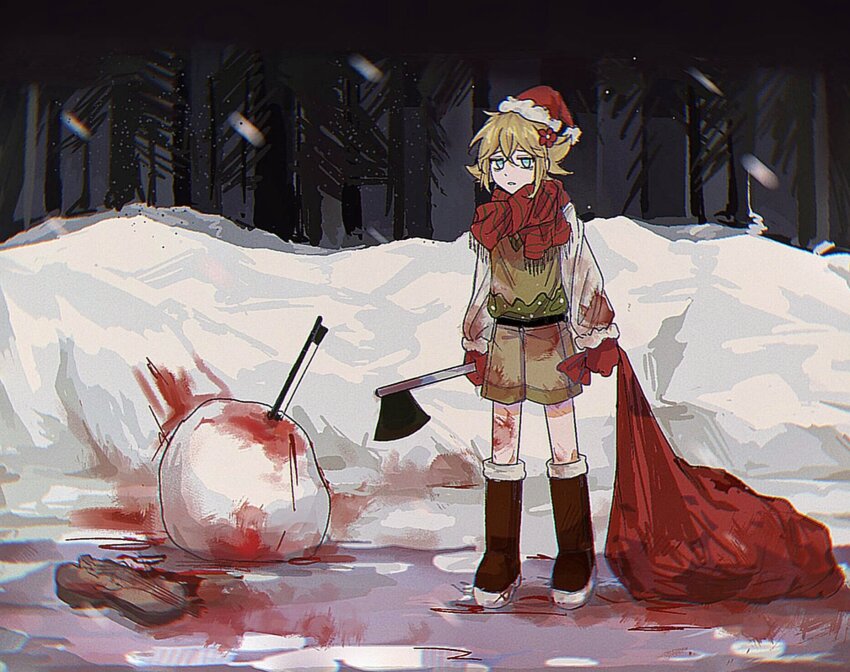 1boy alternate_costume axe basil_(faraway)_(omori) basil_(omori) blonde_hair blood blood_on_clothes blue_eyes boots brown_boots brown_shorts closed_mouth expressionless flower forest gloves hair_flower hair_ornament hat highres holding holding_axe holding_sack knee_boots long_sleeves looking_at_viewer nature niu_tata omori outdoors red_gloves red_hat red_scarf sack santa_hat scarf short_hair shorts snow snowing solo tree