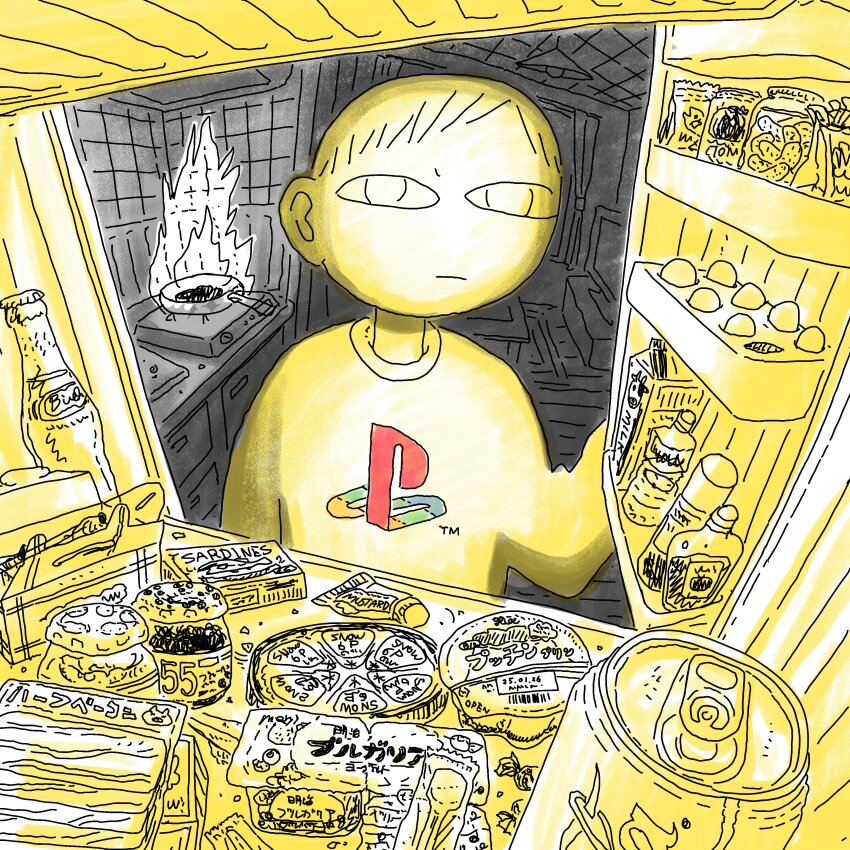 &lt;o&gt;_&lt;o&gt; 1boy absurdres bottle can cheese closed_mouth coca-cola drink_can egg expressionless fire food frying_pan glass_bottle highres house indoors jar limited_palette long_sleeves looking_at_viewer male_focus no_pupils original playstation_logo pudding refrigerator refrigerator_interior ryaw shirt short_hair soda_can solo upper_body very_short_hair