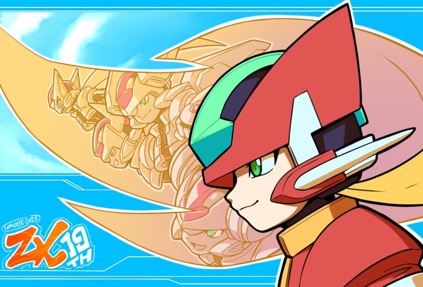 1girl aile_(mega_man_zx) anniversary armor artist_name blonde_hair blue_background copyright_name forehead_jewel green_eyes helmet long_hair mega_man_(series) mega_man_zx mega_man_zx_advent model_fx_(mega_man) model_hx_(mega_man) model_lx_(mega_man) model_px_(mega_man) profile red_armor red_helmet smile solo_focus tomycase upper_body