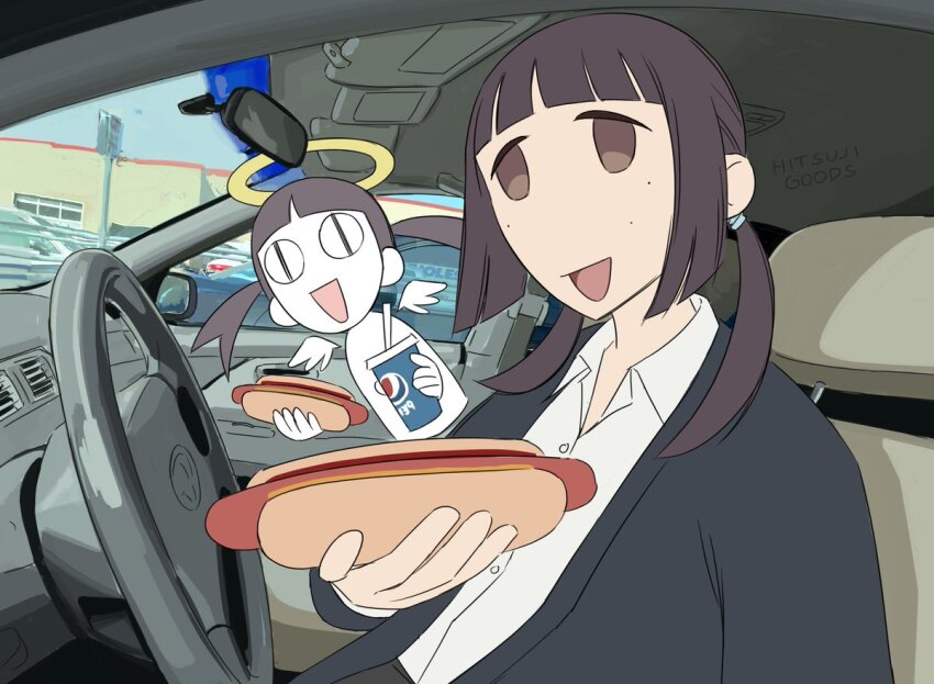 &lt;|&gt;_&lt;|&gt; 2girls angel angel_wings artist_name artist_self-insert black_jacket black_pants blunt_bangs breasts brown_eyes brown_hair building buttons car car_interior car_seat chair chibi chibi_only collared_shirt commentary costco cup day defcon_(hitsujigoods) detached_wings disposable_cup dress_shirt drinking_straw english_commentary english_text eyebrows female_focus food freckles from_side hair_tie halo hitsuji_(hitsujigoods) hitsuji_(hitsujigoods)_(character) holding holding_cup holding_food hot_dog hot_dog_bun jacket logo long_sleeves looking_at_viewer looking_to_the_side low_twintails matching_hair/eyes medium_hair meme motor_vehicle multiple_girls open_clothes open_collar open_jacket open_mouth original pants parking_lot pepsi photo_background rear-view_mirror shirt shoulder_angel side-view_mirror sign signpost sitting sky small_breasts smile steering_wheel straight_hair tareme toyota twintails vehicle_interior watermark white_shirt window wings