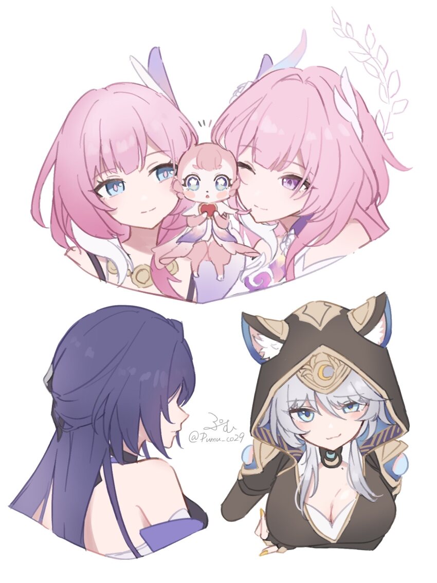 4girls acheron_(honkai:_star_rail) animal_ears animal_hood bare_shoulders blue_eyes breasts cat_ears cat_girl cat_hood cipher_(honkai:_star_rail) cleavage commentary_request cyrene_(aedes_elysiae)_(honkai:_star_rail) cyrene_(honkai:_star_rail) cyrene_(ripples_of_past_reverie)_(honkai:_star_rail) diamond-shaped_pupils diamond_(shape) dual_persona grey_hair highres honkai:_star_rail honkai_(series) hood jewelry large_breasts long_hair mem_(honkai:_star_rail) multicolored_hair multiple_girls necklace pink_hair pumu_(pumu_co29) purple_eyes purple_hair short_hair_with_long_locks simple_background symbol-shaped_pupils twitter_username two-tone_hair very_long_hair white_background white_hair