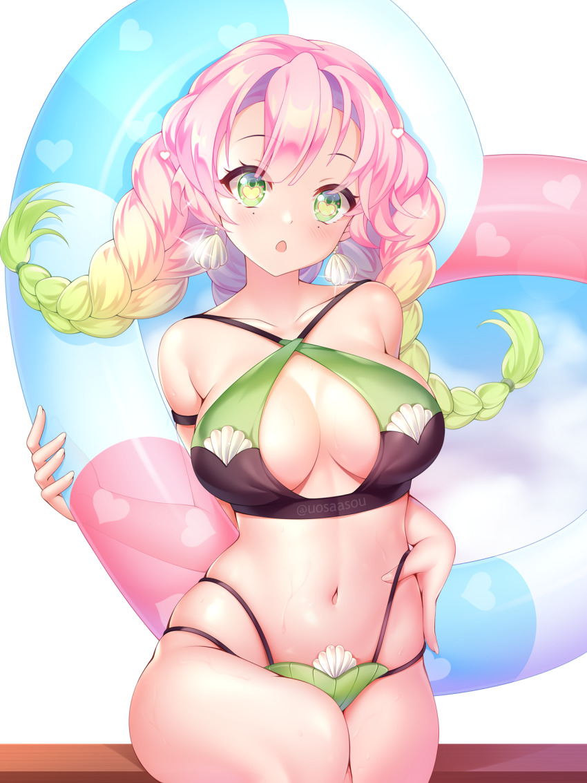 1girl bikini blush braid breasts cowboy_shot earrings female_focus gradient_hair green_eyes heart heart-shaped_pupils heart_pattern highres innertube jewelry kanroji_mitsuri kimetsu_no_yaiba large_breasts looking_at_viewer md5_mismatch mole mole_under_eye multicolored_hair multiple_braids navel open_mouth pink_hair resolution_mismatch shell shell_earrings sitting skindentation solo source_larger swim_ring swimsuit symbol-shaped_pupils uosaasou