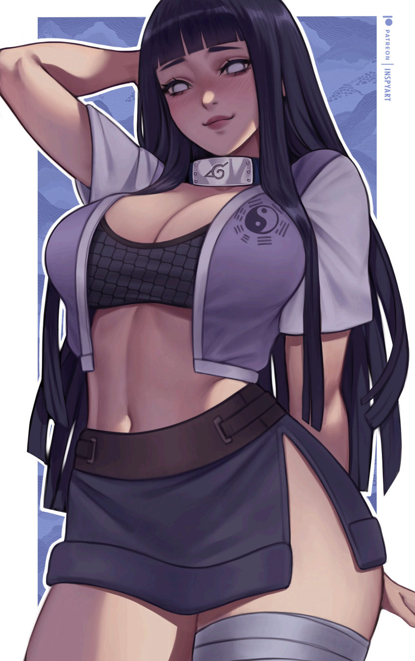 1girl arm_up artist_name black_hair blunt_bangs blush border breasts byakugan cleavage crop_top fishnet_top fishnets highres hyuuga_hinata inspy_art jacket large_breasts long_hair midriff miniskirt naruto_(series) naruto_shippuuden navel no_pupils open_clothes open_jacket patreon_logo patreon_username purple_jacket side_slit skirt smile solo standing thick_thighs thighs white_border yin_yang