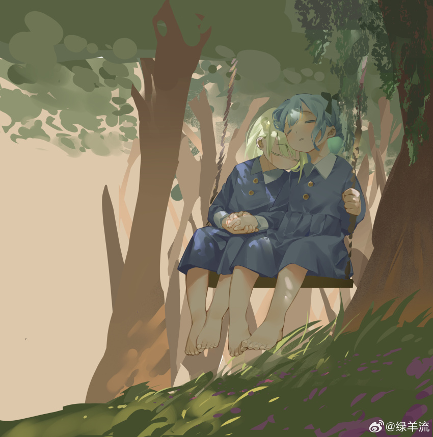 2girls absurdres bang_dream! bang_dream!_it&#039;s_mygo!!!!! barefoot blue_dress blue_eyes child chinese_commentary closed_eyes commentary_request dress flower forest grass green_hair highres holding_hands long_sleeves luyangliu multiple_girls nature on_swing outdoors pleated_dress short_hair sleeping swing togawa_sakiko tree unfinished wakaba_mutsumi watermark weibo_watermark
