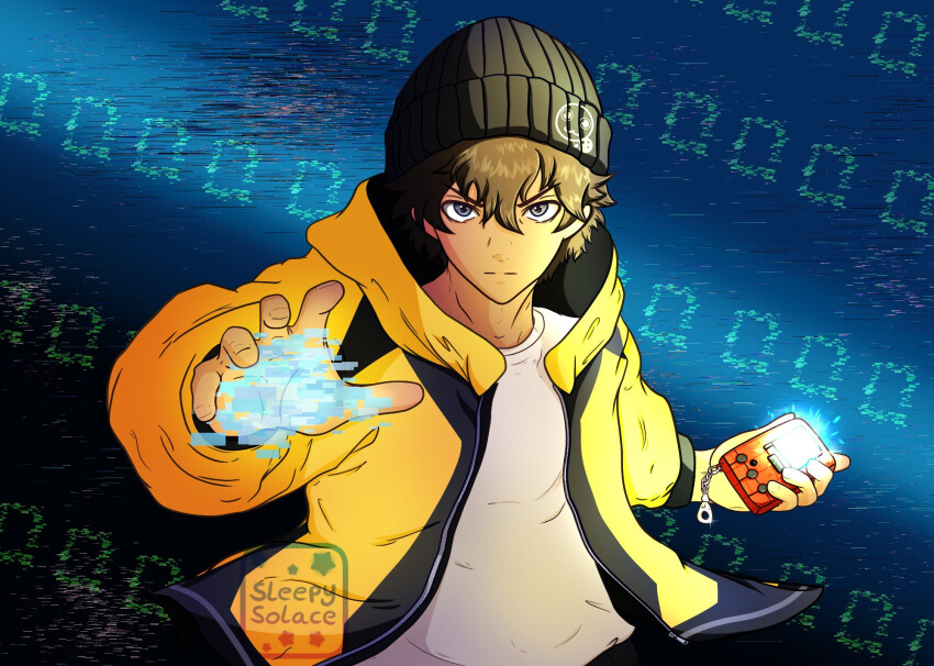 1boy brown_hair digimon hat highres jacket looking_at_viewer male_focus mameo_(digimon) solo