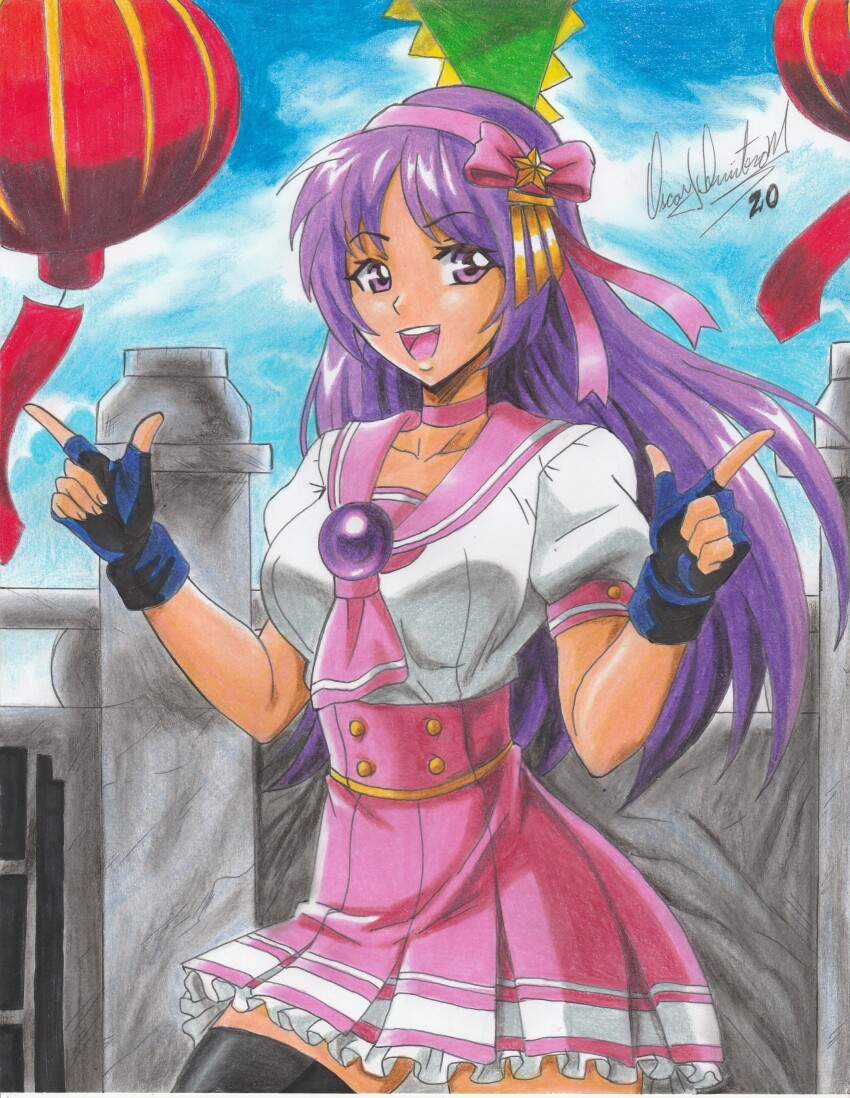 1girl 2020 absurdres asamiya_athena black_thighhighs bow breasts chinese_lantern choker collarbone female_focus fingerless_gloves gem gloves hair_ornament highres lantern large_breasts long_hair open_mouth paper_lantern pink_bow pink_choker pink_ribbon pink_serafuku pink_skirt psycho_soldier purple_eyes purple_hair ravernclouk_design red_bow ribbon school_uniform serafuku short_sleeves skirt snk solo star_(symbol) star_hair_ornament the_king_of_fighters thighhighs thighs traditional_media
