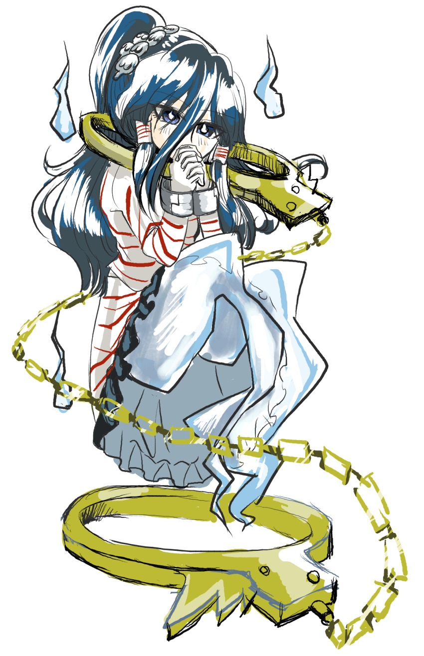 1girl blue_eyes blue_hair blush commentary_request cuffs full_body ghost_tail hair_between_eyes hair_ornament hair_tubes handcuffs high_ponytail highres hitodama long_bangs long_hair long_sleeves looking_at_viewer miyadeguchi_mizuchi own_hands_together ponytail shippuu_jinnari shirt sidelocks simple_background skirt skirt_set skull_hair_ornament solo striped_clothes striped_shirt striped_skirt touhou white_background white_shirt white_skirt