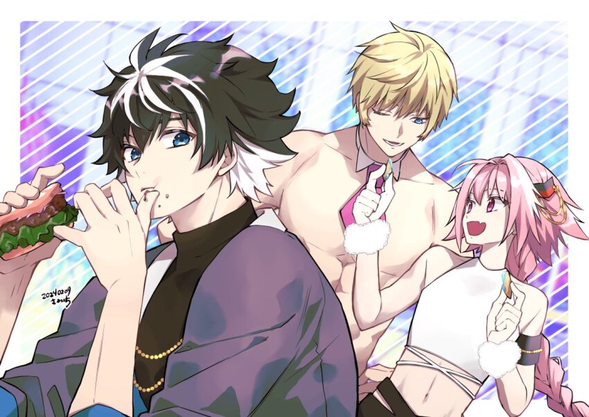 3boys alternate_costume astolfo_(fate) astolfo_(three_in_the_black)_(fate) black_hair blonde_hair blue_eyes charlemagne_(fate) charlemagne_(three_in_the_black)_(fate) closed_mouth crumbs detached_collar eating fate/grand_order fate_(series) feeding food food_on_face long_hair long_sleeves looking_at_another looking_at_viewer male_focus multicolored_hair multiple_boys necktie open_mouth pink_eyes pink_hair pink_necktie roland_(fate) roland_(three_in_the_black)_(fate) sandwich short_hair sleeveless smile wand3754 white_hair