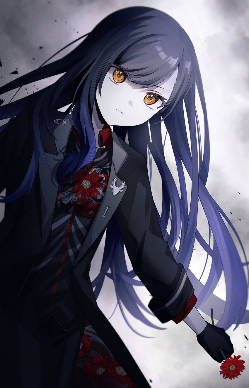 1girl black_gloves black_jacket blue_hair bow dark_blue_hair erao flower gloves gradient_hair highres holding holding_flower jacket lapels long_hair long_sleeves multicolored_hair notched_lapels official_alternate_costume official_alternate_hair_length official_alternate_hairstyle project_sekai shiraishi_an solo whip_the_wimp_girl!!_(project_sekai) yellow_eyes