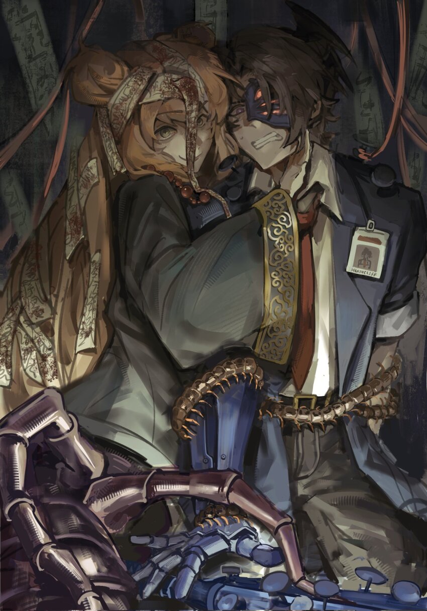 09gugugu 1boy 1girl aedd_(e.g.o) arthropod_girl beads black_pants black_robe blue_coat brown_hair centipede_girl coat collared_shirt double_bun e.g.o_(project_moon) hair_bun heathcliff_(project_moon) highres hundred-footed_death_maggot_(e.g.o) ishmael_(project_moon) limbus_company long_hair long_sleeves looking_at_viewer nail_(hardware) necktie orange_hair pants prayer_beads project_moon red_necktie robe shirt sleeves_past_fingers sleeves_past_wrists smile talisman upper_body white_shirt yellow_eyes
