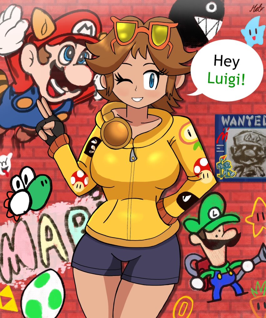 1girl blue_eyes boo_(mario) breasts brown_hair bullet_bill carrot_(mario) chain_chomp fire_flower gloves grin hand_in_pocket highres jacket looking_at_viewer luigi luigi&#039;s_mansion lumalee mario mario_(series) medium_breasts nintendo one_eye_closed princess_daisy raccoon_mario shadow_mario shorts smile speech_bubble standing sunglasses super_mario_bros._3 super_mario_land super_mario_land_2 super_mario_sunshine super_mushroom super_star_(mario) terminalmontage_(style) the_legend_of_zelda thigh_gap tomboy triforce wink yoshi yoshi_egg