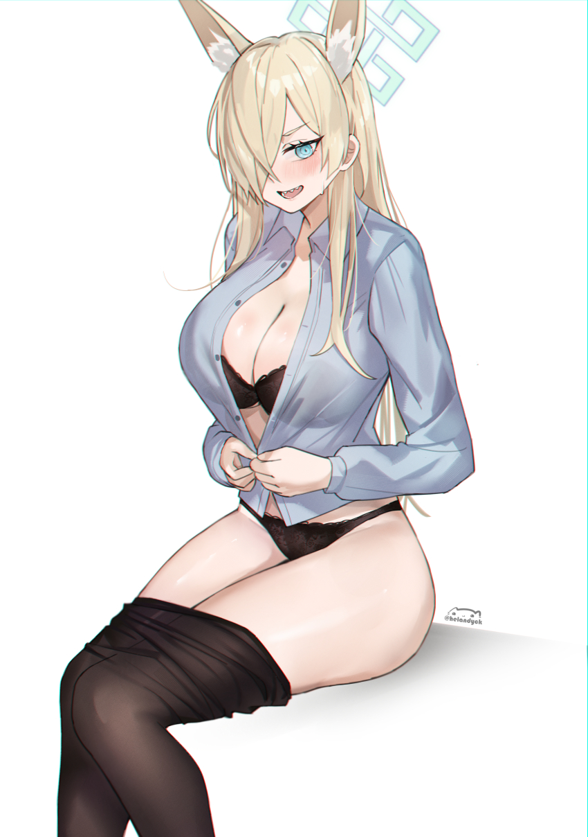 1girl @_@ absurdres animal_ear_fluff animal_ears black_bra black_panties black_pantyhose blonde_hair blue_archive blue_eyes blue_halo blue_shirt blush bra breasts cleavage dog_ears embarrassed extra_ears groin hair_over_one_eye halo helandyck highres kanna_(blue_archive) large_breasts long_hair looking_at_viewer open_mouth panties pantyhose rectangular_halo sharp_teeth shirt sitting solo teeth thighs underwear