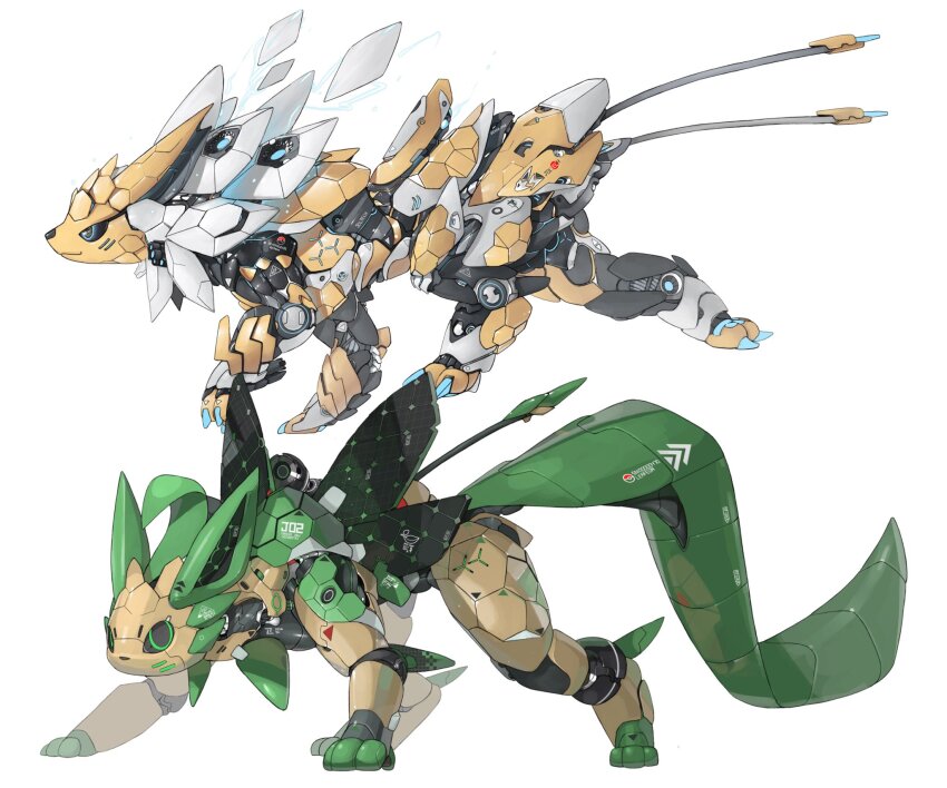 animal_focus black_sclera claws colored_sclera commentary electricity english_commentary full_body game_freak gen_1_pokemon gen_4_pokemon green_eyes highres joints jolteon leafeon mecha mechanical_tail mechanization nintendo no_humans non-humanoid_robot pokemon pokemon_(creature) pouncing robot robot_animal robot_joints science_fiction simple_background standing tail walking white_background xezeno