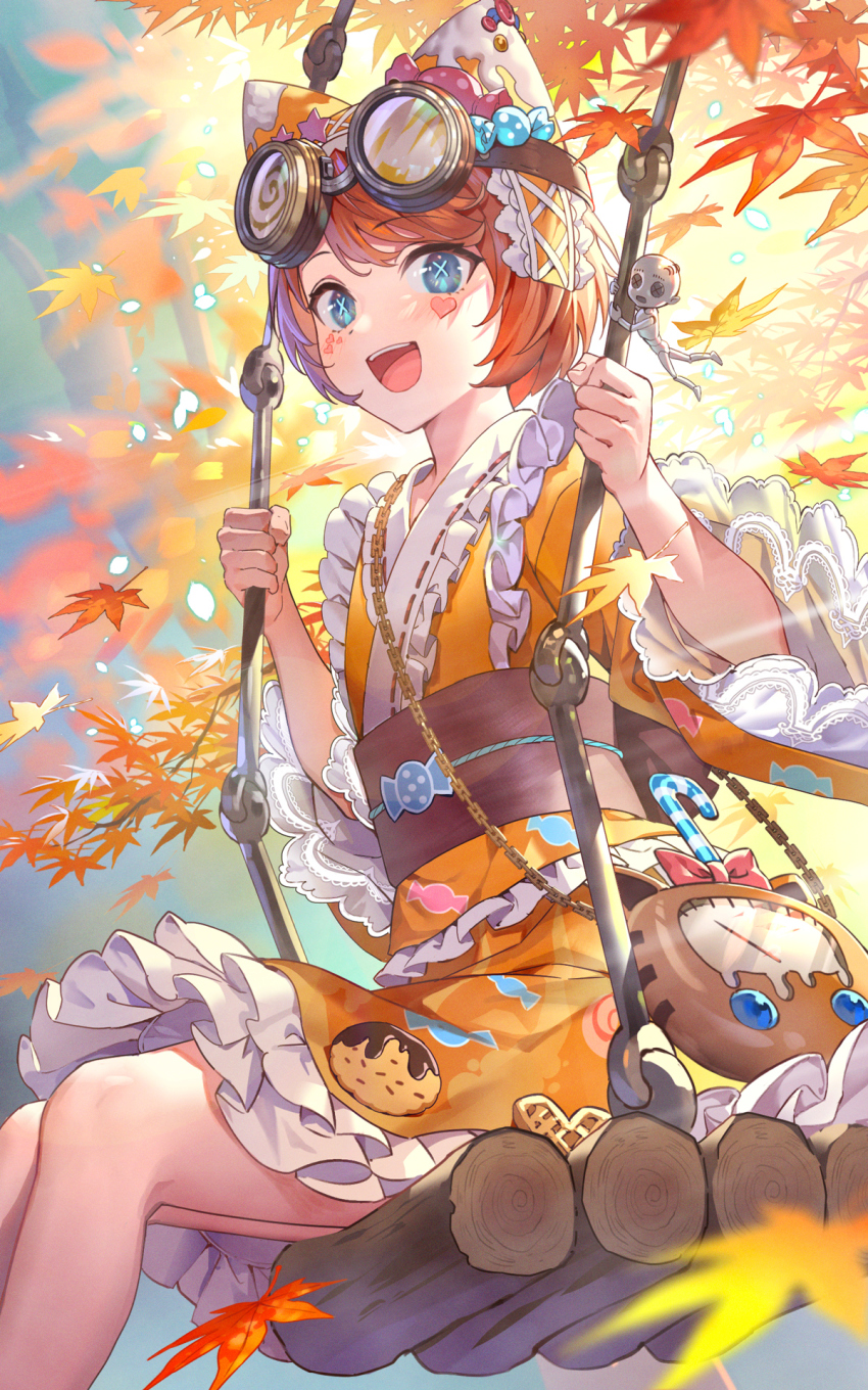 1girl :d autumn_leaves bag blue_eyes blush brown_hair chain commentary_request facial_mark feet_out_of_frame frilled_kimono frills goggles goggles_on_head hat heart highres identity_v japanese_clothes kimono leaf long_sleeves looking_at_viewer maple_leaf obi official_alternate_costume on_swing open_mouth orange_hat orange_kimono ribbon-trimmed_kimono ribbon_trim sash short_hair shoulder_bag sitting smile solo swing teeth teffish tracy_reznik tracy_reznik_(candy_girl) upper_teeth_only wide_sleeves