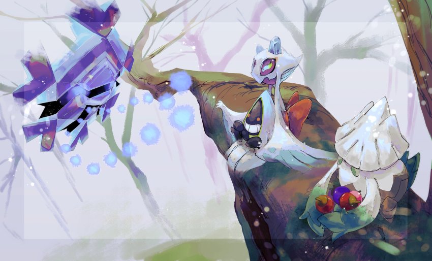 0_ici_0 alternate_color berry_(pokemon) blue_eyes cryogonal floating forest froslass gen_3_pokemon gen_4_pokemon gen_5_pokemon green_eyes haze highres in_tree monster nature nintendo no_humans pokemon pokemon_(creature) red_eyes shiny_pokemon sitting sitting_in_tree smile snorunt snover snow tree winter