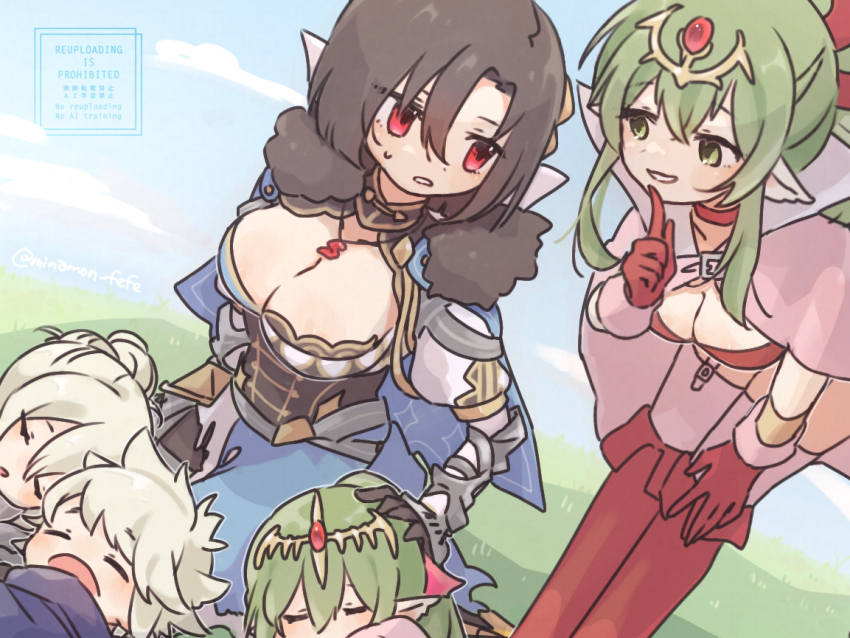 1boy 4girls black_hair breasts cleavage fire_emblem fire_emblem_awakening fire_emblem_engage fire_emblem_fates green_eyes green_hair kana_(female)_(fire_emblem) kana_(fire_emblem) kana_(male)_(fire_emblem) large_breasts multiple_girls nel_(fire_emblem) nintendo red_eyes sleeping sorane_amus tiki_(adult)_(fire_emblem) tiki_(fire_emblem) tiki_(young)_(fire_emblem)