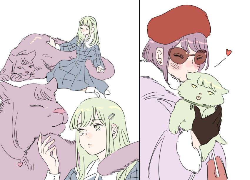 2girls animal animalization bang_dream! bang_dream!_it&#039;s_mygo!!!!! black_gloves cat closed_eyes closed_mouth coat earrings fur-trimmed_coat fur_trim gloves green_cat green_hair hat heart heart_necklace highres holding holding_animal holding_cat jewelry kiss kissing_animal long_hair milfcookiesimp multiple_girls necklace panther purple_coat purple_hair red_hat short_hair simple_background stud_earrings sunglasses tongue tongue_out wakaba_mutsumi white_background yellow_eyes yuutenji_nyamu
