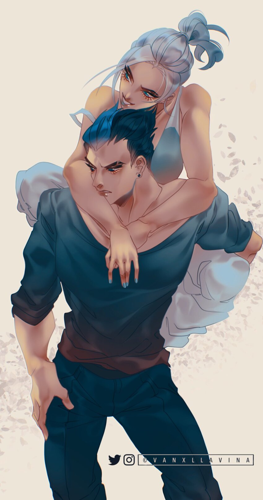 black_pants black_shirt blue_nails carrying commentary earrings english_commentary highres hug hug_from_behind instagram_username jett_(valorant) jewelry looking_to_the_side pants piggyback ponytail shirt short_hair sidelocks simple_background smile twitter_username valorant vanxllavina white_pants yoru_(valorant)