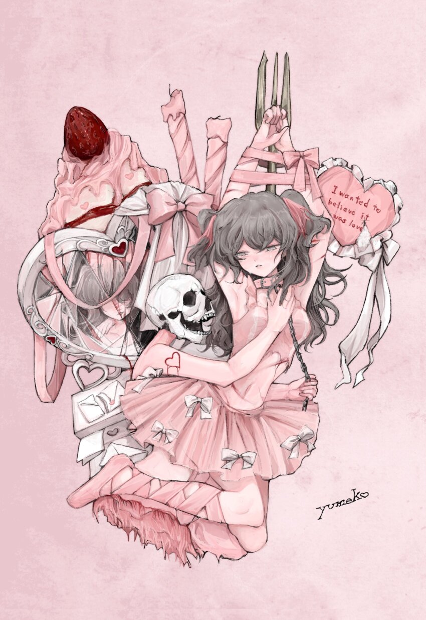1girl bdsm blood bondage bound bound_arms bow cake candle chain collar dress english_text food grey_eyes grey_hair hair_bow hand_on_another&#039;s_chest hand_up highres hug leash looking_at_another mirror pink_background pink_bow pink_dress ribbon simple_background skull slave twintails white_bow yumeko_(devilxkid)