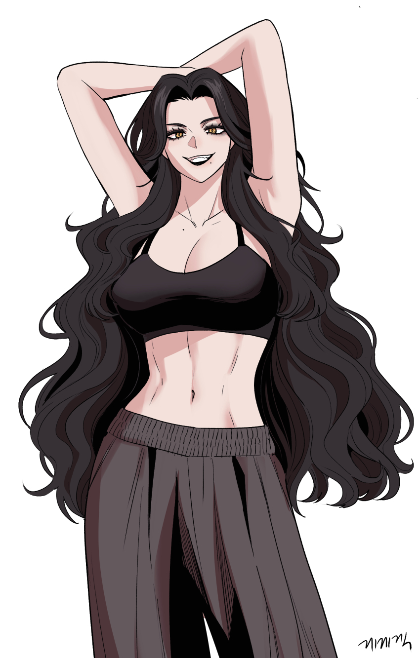 1girl arms_behind_head arms_up black_lips black_shirt breasts cleavage collarbone cowboy_shot crop_top gegegekman grey_pants highres large_breasts long_hair looking_at_viewer mole mole_on_chest mole_under_mouth navel original pants parted_hair shirt signature simple_background smile solo standing stomach very_long_hair wavy_hair white_background yellow_eyes