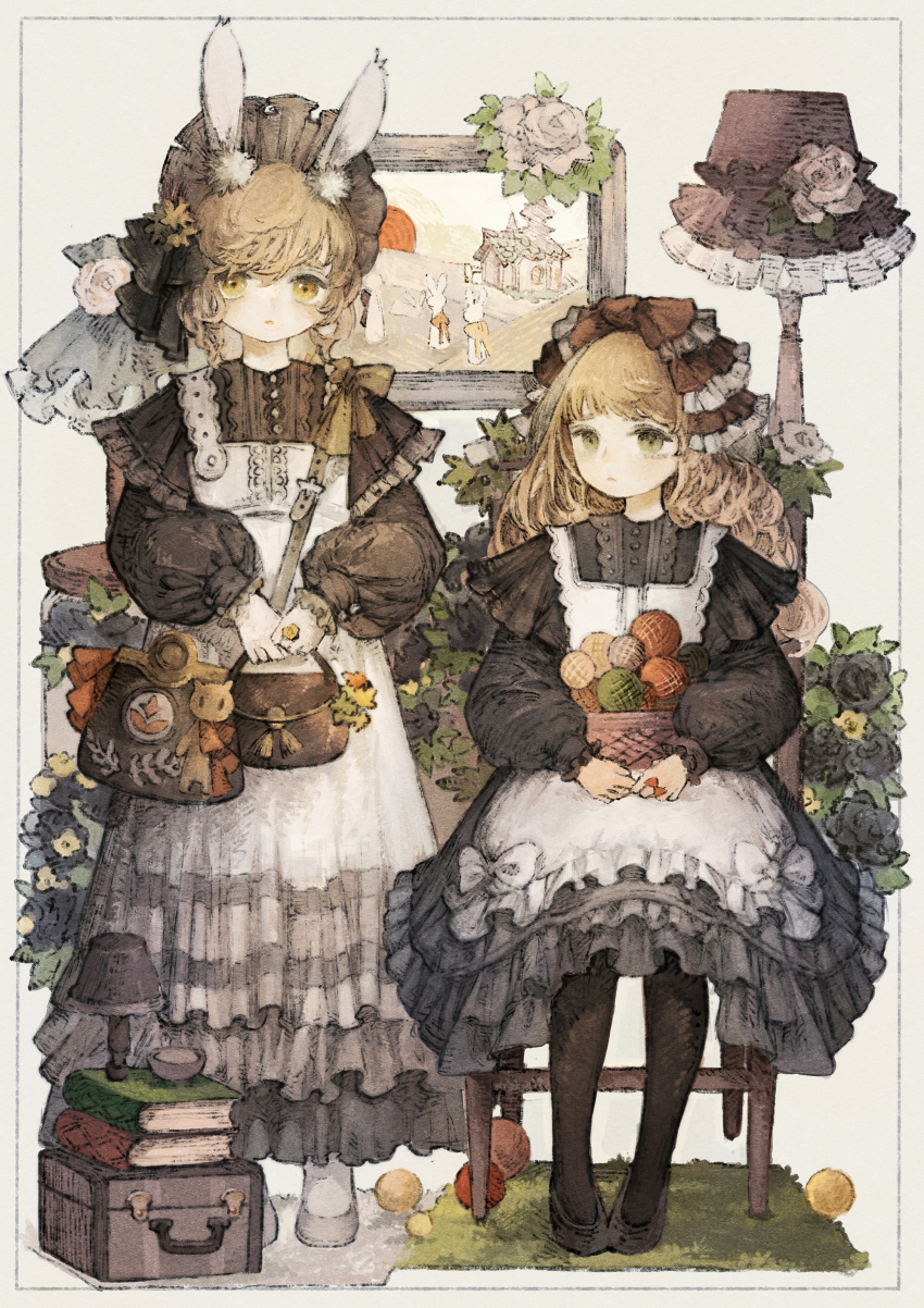 2girls absurdres animal_ears apron bag baiguiyu black_dress black_pantyhose blonde_hair book book_stack border box buttons carpet chair closed_mouth curly_hair drawing_(object) dress expressionless fake_animal_ears flats flower frilled_apron frilled_dress frills green_eyes handbag headdress highres holding holding_bag lamp long_sleeves looking_at_viewer multiple_girls original pantyhose puffy_long_sleeves puffy_sleeves rabbit_ears rose sitting standing strap white_apron white_background wool yellow_eyes