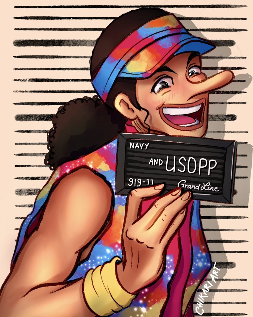 1boy artist_name barbie_(franchise) barbie_(live_action) barbie_mugshot_(meme) black_hair blush chikariart commentary highres long_nose looking_at_viewer male_focus meme one_piece open_mouth sleeveless sleeveless_jacket smile solo twitter_username upper_body usopp visor_cap wristband